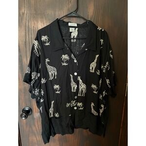 Paradiso Womens 3X Black Giraffe Palm Tree Beaded Rayon Button Up Shirt Tropical